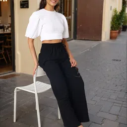 Freehand by The Indian Garage Co Women Textured Self Design Puff Sleeve Crop Top-image-58