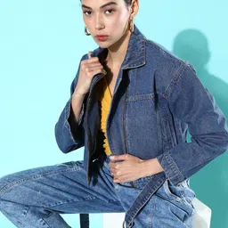 Roadster Women Stunning Blue Solid Denim Trucker Jacket-image-54