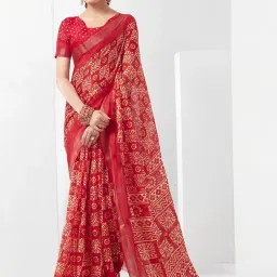 Satrani Red Geometric Print Saree With Unstitched Blouse image 1
