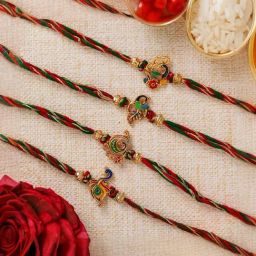eCraftIndia Set of 4 Multicolor Peacock Rakhis with Sibling Agreement & Roli Chawal Pack-image-20