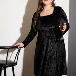 SASSAFRAS Curve Women Square Neck Embellished Velvet Fit & Flare Dress-image-9