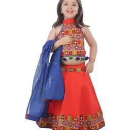 Ahhaaaa Kids Orange & Blue Cotton Embroidered Lehenga Cholis-image-63