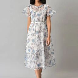 W Blue Floral Print A-Line Double Layered Dress-image-20