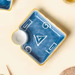 Nestasia White and Blue Spiral Nitori Ceramic Square Plate with dip Section for snacks (7.2 Inch)-20