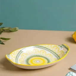 Nestasia Yellow and Green Mandala Ceramic Long Dish With Handles For Serving Snacks (10.8 Inch)-image-57