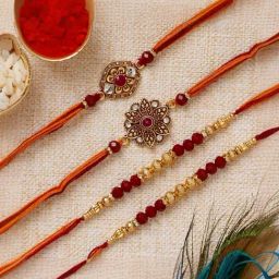 eCraftIndia Set of 4 Brown, Golden Floral Beads & Pearl Rakhis with Sibling Agreement & Roli Chawal-image-79