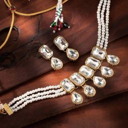 Peora Crystal Studded White Ethnic Choker Necklace with Earrings Jewellery Set-image-87
