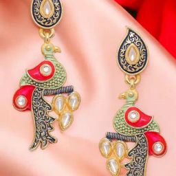 OOMPH Red & Blue Meenakari Kundan & Pearls Ethnic Drop Earrings-9