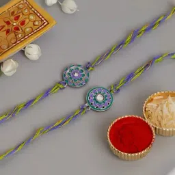 eCraftIndia Purple & Green Set of 2 Floral Rakhis with Sibling Agreement & Roli Chawal Pack-image-33