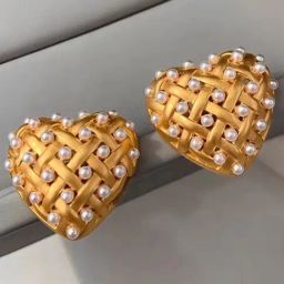 OOMPH Gold Heart Large with PearlsStuddedStud Earrings-image-52