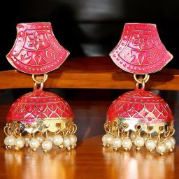 OOMPH Pink Meenakari Jhumka Earrings For Women-image-33
