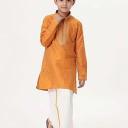 Ramraj Boys Orange & Cream Self Full Sleeves Kurta Sets-picture-12