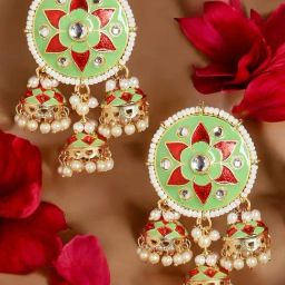 OOMPH Green & Red Meenakari Jhumka Earrings For Women-46