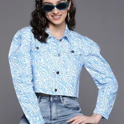 SASSAFRAS Women Blue & White Printed Pure Cotton Crop Tailored Jacket-36