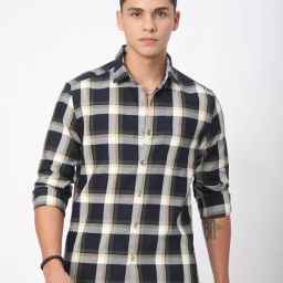 VASTRADO Core Fashion Navy Blue Regular Fit Checks Shirt-picture-1