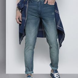 The Indian Garage Co Men Blue Slim Fit Low Distress Light Fade Ombre Stretchable Jeans-image-84