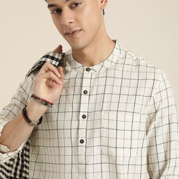 Taavi Men Checked Woven Legacy Pure Cotton Mandarian Collar Kurta-7