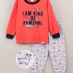 Teddy Full Sleeves Nightwear Pyjama Set Multiprint - Orange-image-91