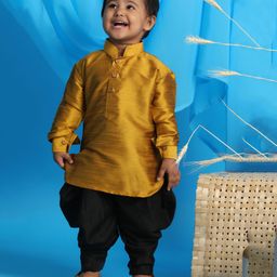Vastramay Full Sleeves Front Button Closure Solid Kurta & Dhoti Set - Mustard Yellow-picture-35