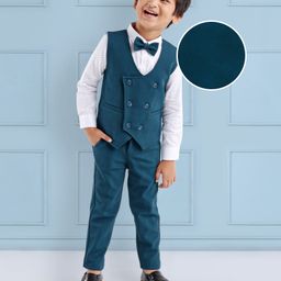 Mark & Mia Full Sleeves Dotted Party Suit with Bow & Solid Colour Waistcoat - Green-image-3