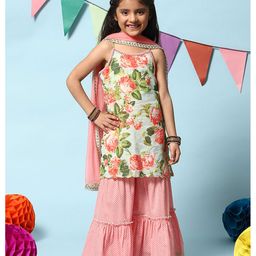 BIBA Sleeveless Vintage Floral & Polka Dot Printed & Lace Embellished A Line Kurta Sharara Suit Set - Turquoise Blue-image-3