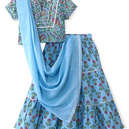 Babyhug  100% Cotton Woven Half Sleeves Floral Printed Choli Lahenga Set with Dupatta - Blue-image-80