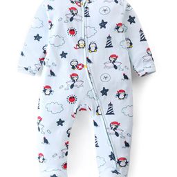Babyhug Cotton Knit Full Sleeves Footed Sleep Suit Penguin Print - Blue-image-58