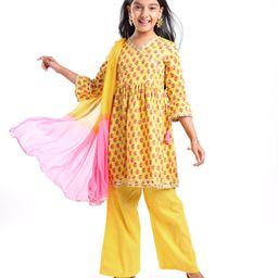 Pine Kids Cotton Woven Three Fourth  Sleeves Kurti & Salwar with Dupatta Floral Print - Yellow-picture-26