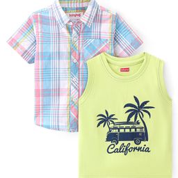 Babyhug Cotton Woven Half Sleeves Checked Shirt & California Print T-Shirt - Multicolor-image-97