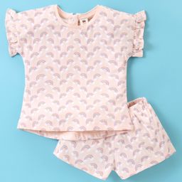 ToffyHouse Cotton Knit Half Sleeves Rainbow Printed Top & Shorts Co-Ord Set - Light Pink-picture-40