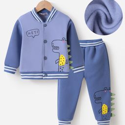 Kookie Kids Full Sleeves Bomber Style Shirt & Lounge Pants Set With Dino Print - Blue-picture-42