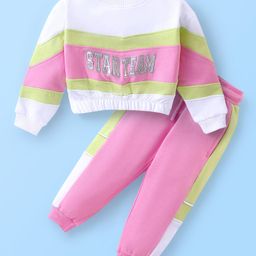 Babyhug Cotton Knit Full Sleeves Text Printed T-Shirt & Pants Set - White & Pink-image-95