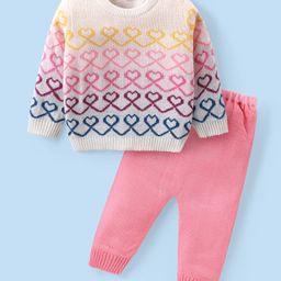Babyhug Knit Full Sleeves Sweater & Pant Set Heart Design - Pink-image-80