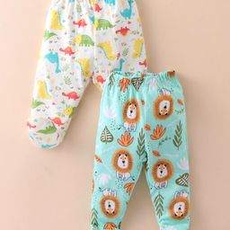 OHMS Single Jersey Knit Footed Bootie Leggings With Lion & Dinosaurs Print Pack Of 2 - Light Blue & Off White-image-90
