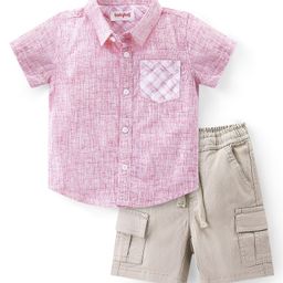 Babyhug Cotton Woven Half Sleeves Striped Regular Collar Shirt & Shorts Set - Pink & Beige-image-4