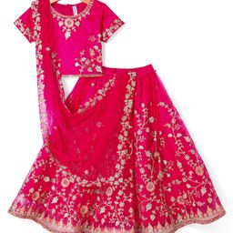Babyhug Woven Half Sleeves Choli Lehenga & Dupatta Set with Floral Embroidery - Fuschia Pink-picture-12