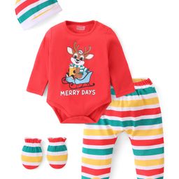 Babyhug 100% Cotton Knit Full Sleeves Dear Print Onesie with Striped Leggings and Cap Mittens - Red-image-98