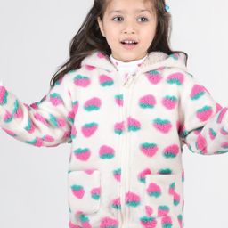 Babyhug Furr Woven Full Sleeves Strawberry Print Sweatjacket with Hood - Off White-image-59