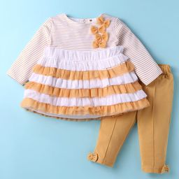 ToffyHouse Cotton Knit Full Sleeves Striped Top & Lounge Pant Set With Bow Applique - Khaki-picture-12