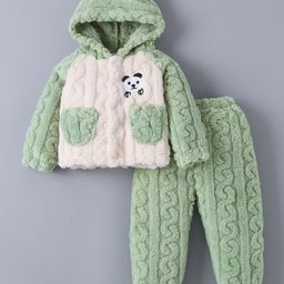 Kookie Kids Full Raglan Sleeves Hooded Front Open Winter Wear Night Suit With Teddy Applique - Mint-image-13