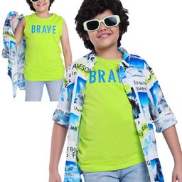 OLLINGTON ST Rayon Woven Full Sleeves Beach Theme & Text Printed Shirt with T-Shirt - White & Neon Green-image-85