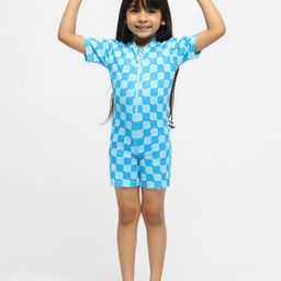 Somersault Half Sleeves Checked Swimsuit - Blue-image-8