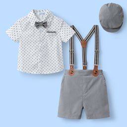 Mark & Mia Cotton Half Sleeves Polka Dot Print Party Shirt & Shorts Set with Suspender Bow & Cap - White & Grey-image-28