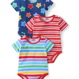 Babyhug 100% Cotton Knit Half Sleeves Onesies with Stripes & Star Design Pack of 3 - Navy Blue & Red-image-33