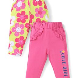 Doodle Poodle Single Jersey Knit Full Length Leggings With Floral & Text Print Pack of 2 - Dark Pink & Lime Green-image-32