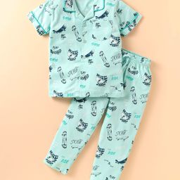 Doreme Single Jersey Knit Half Sleeves Night Suit With Skateboard Print - Sea Green-image-78