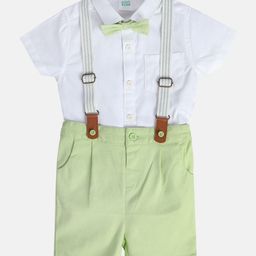 MINI KLUB Cotton Half Sleeves Solid Shirt With Shorts Suspender & Bow Set - White & Green-picture-13