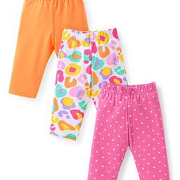 Babyhug Cotton Lycra Three Fourth Leggings With Polka Dot Pack Of 3 - Pink White & Orange-image-35