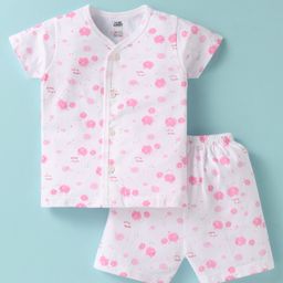 Pink Rabbit Single Jersey Knit Half Sleeves Front Open Co-ords Shorts Night Suit with Animal Print - White & Pink-image-76