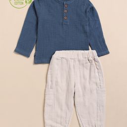 Cot & Candy Organic Cotton Full Sleeves Solid Tee With Lounge Pants Set - Navy Blue & Oatmeal-image-30